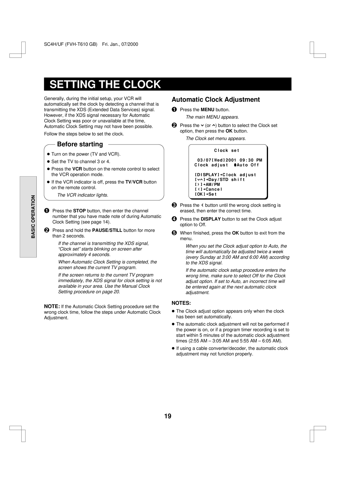 Fisher FVH-T610 important safety instructions Setting the Clock, Automatic Clock Adjustment, Clock set menu appears 