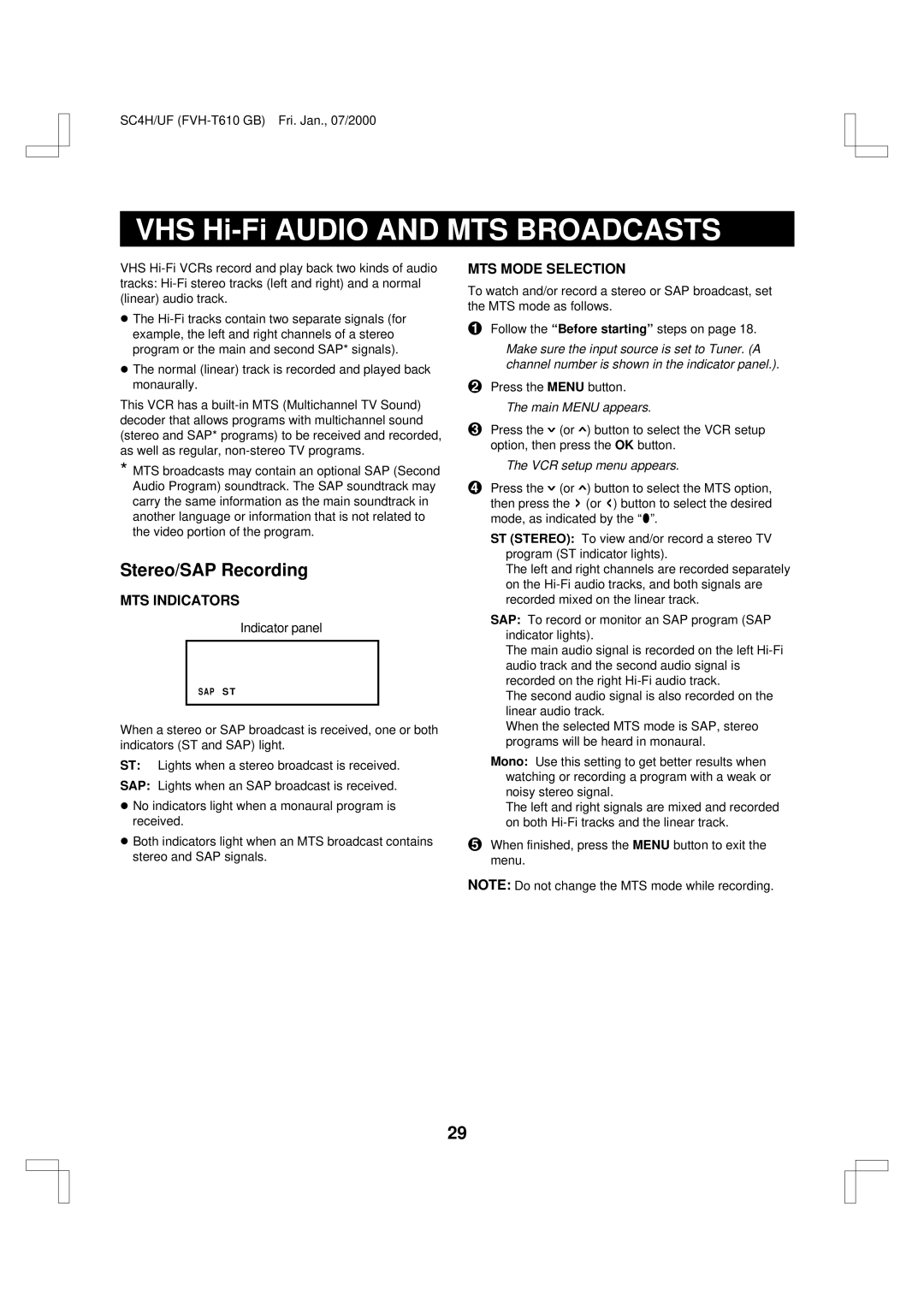 Fisher FVH-T610 important safety instructions Stereo/SAP Recording, MTS Indicators, MTS Mode Selection 