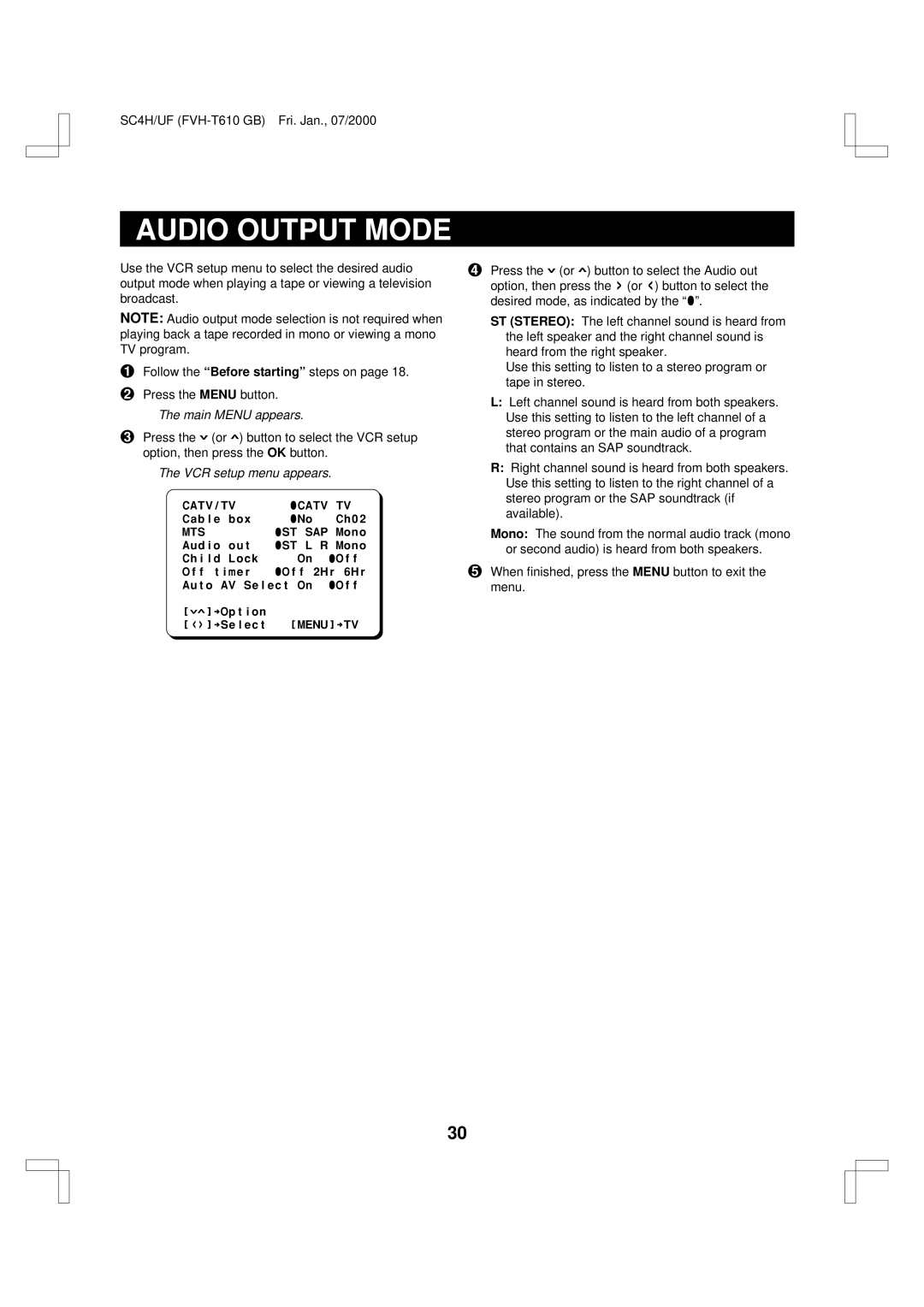 Fisher FVH-T610 important safety instructions Audio Output Mode 