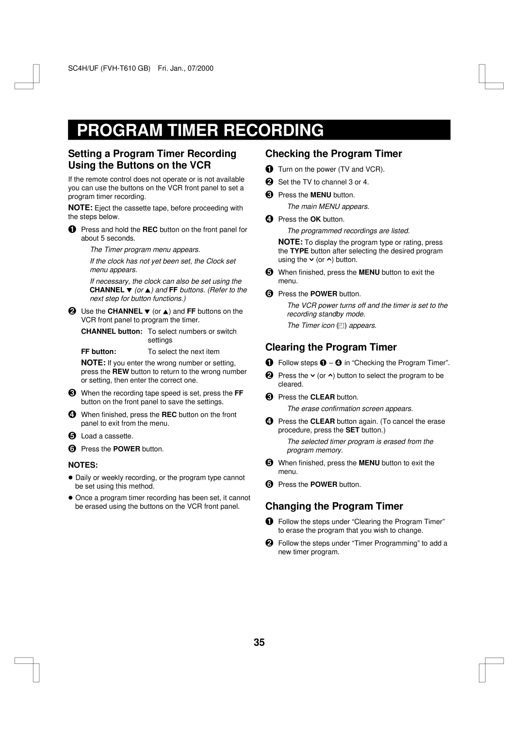 Fisher FVH-T610 Checking the Program Timer, Clearing the Program Timer, Changing the Program Timer 