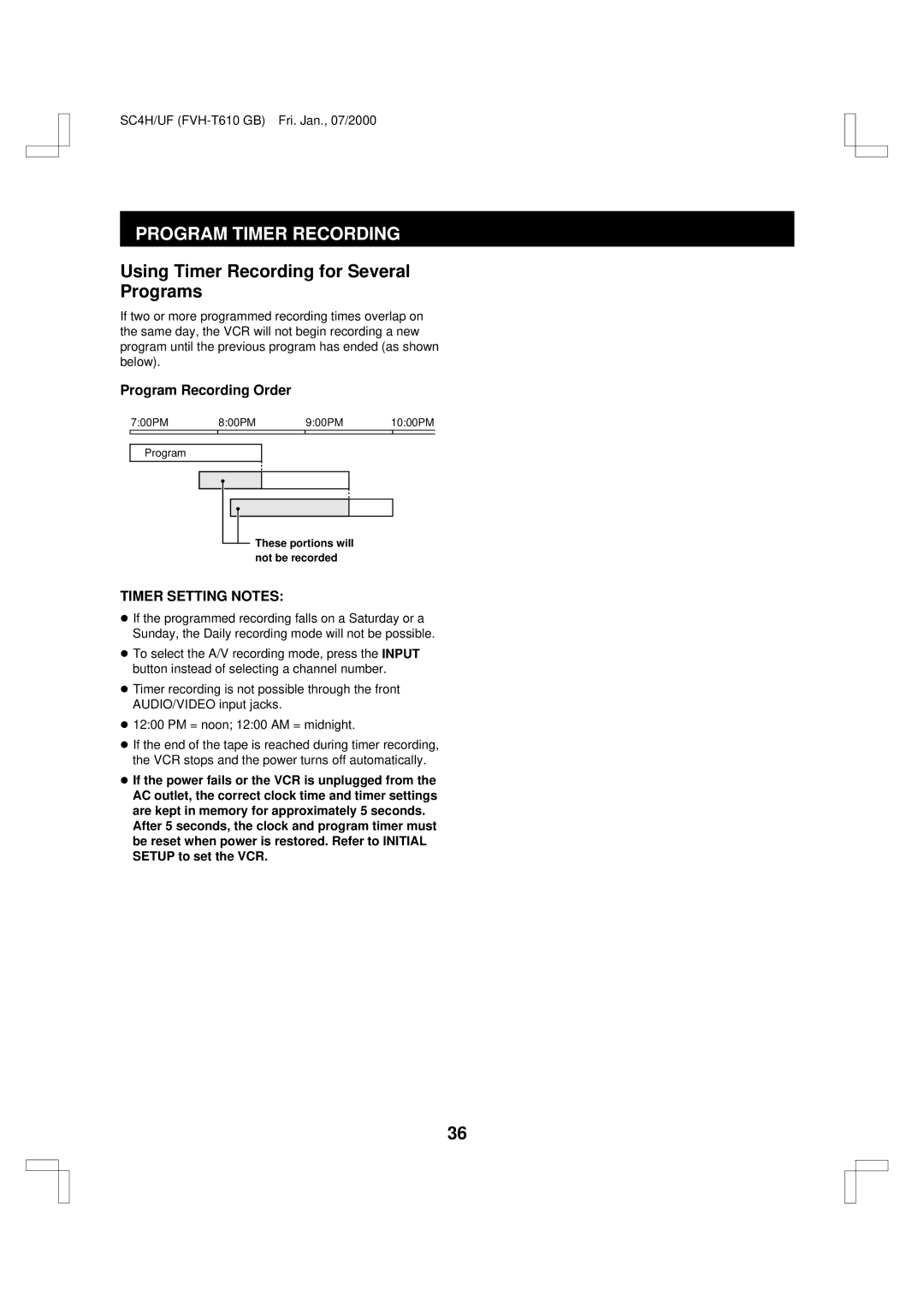 Fisher FVH-T610 Using Timer Recording for Several Programs, Program Recording Order, Timer Setting Notes 