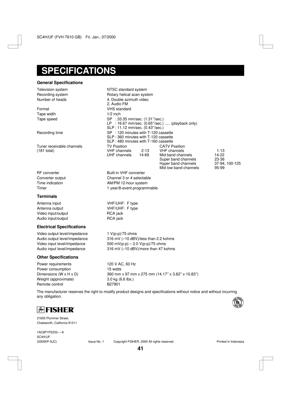 Fisher FVH-T610 General Specifications, Terminals, Electrical Specifications, Other Specifications 