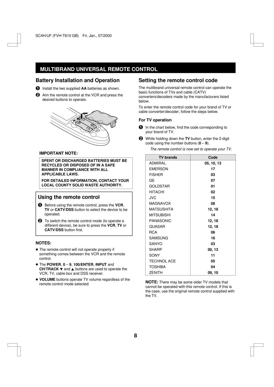 Fisher FVH-T610 Multibrand Universal Remote Control, Battery Installation and Operation, Setting the remote control code 