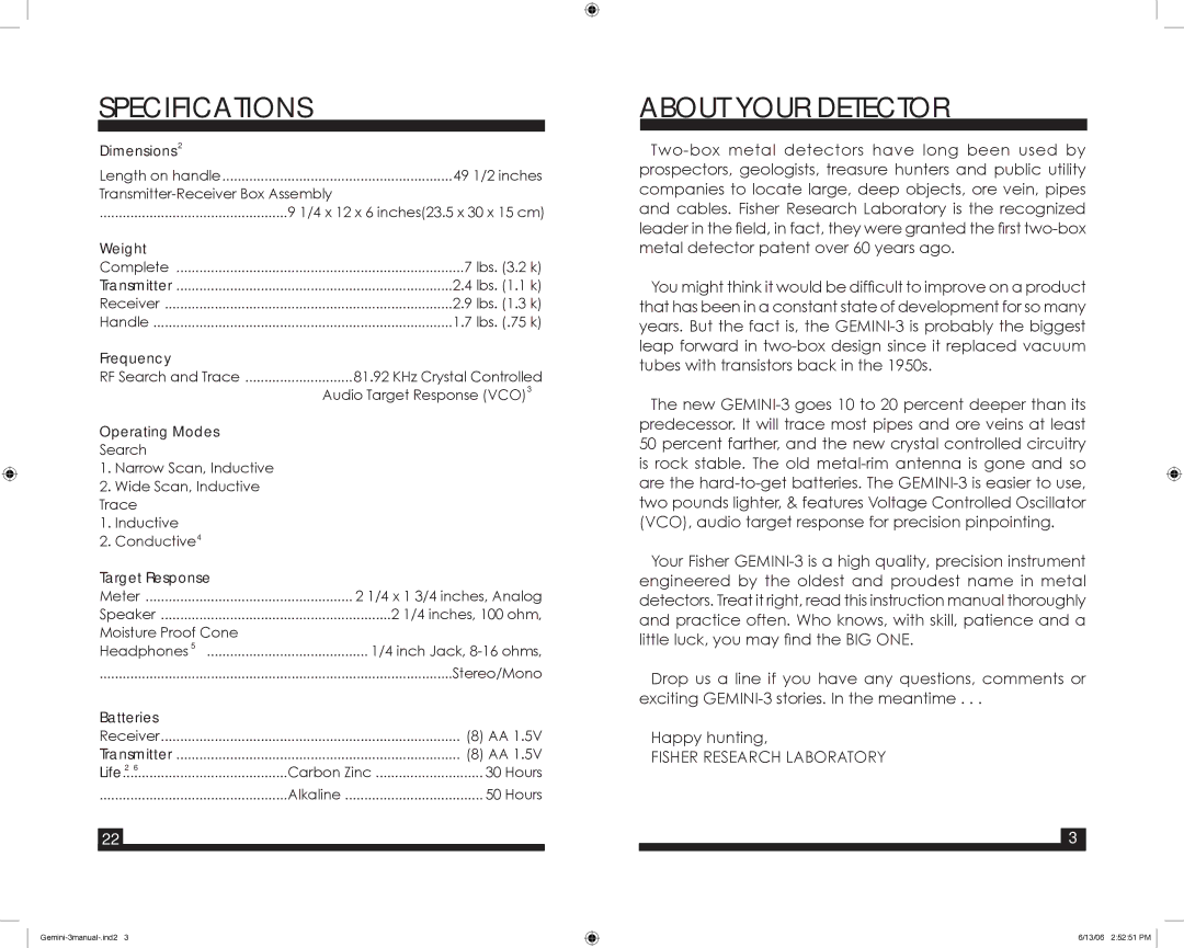 Fisher GEMINI-3 warranty Specifications, About Your Detector 