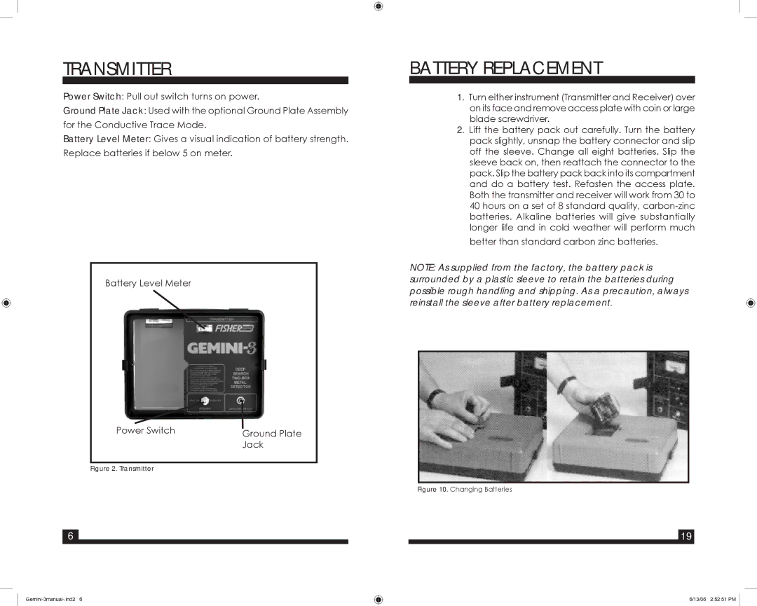 Fisher GEMINI-3 warranty Transmitter, Battery Replacement 