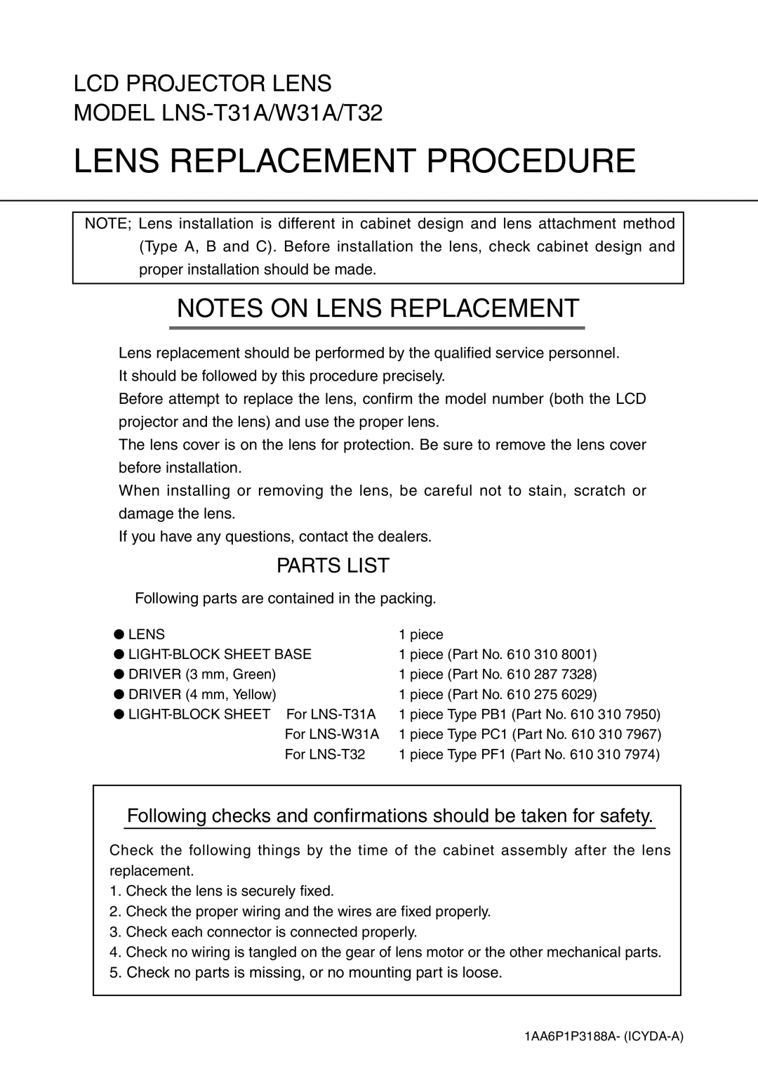 Fisher LNS-T32, LNS-T31A, LNS-W31A manual Lens Replacement Procedure, Parts List 