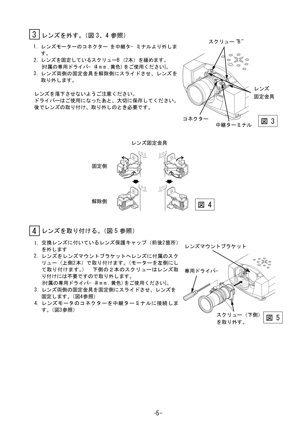 Fisher LNS-W31A, LNS-T31A, LNS-T32 manual レンズを外す。（図 3、4 参照）, レンズを取り付ける。（図 5 参照） 