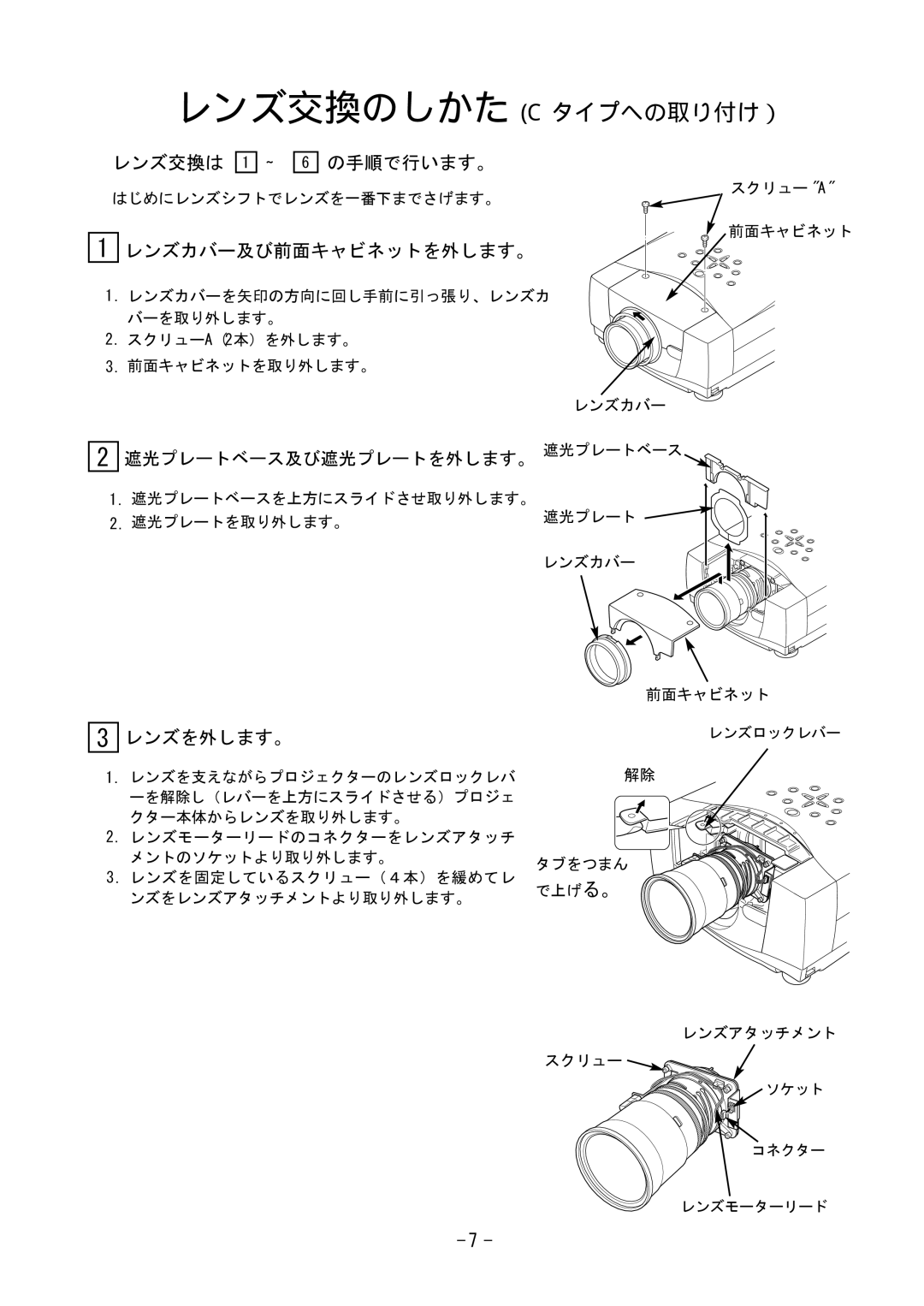 Fisher LNS-T32, LNS-T31A, LNS-W31A manual レンズカバー及び前面キャビネットを外します。, レンズを外します。 