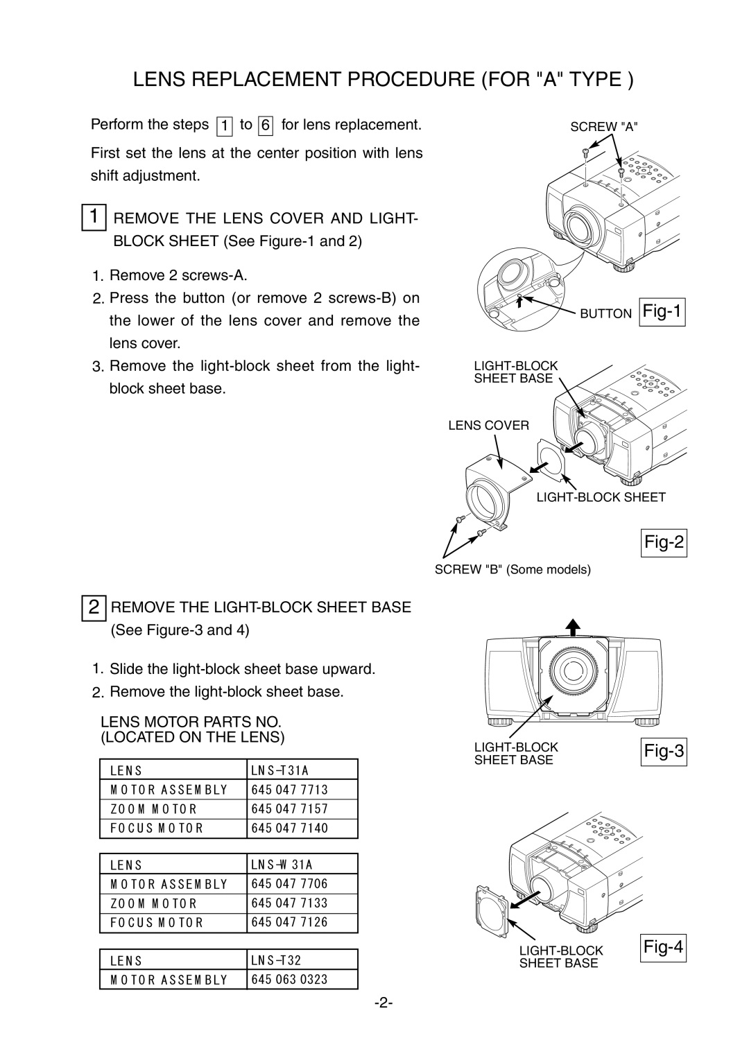 Fisher LNS-W31A, LNS-T31A, LNS-T32 manual Lens Replacement Procedure for a Type, Lens Motor Parts NO. Located on the Lens 