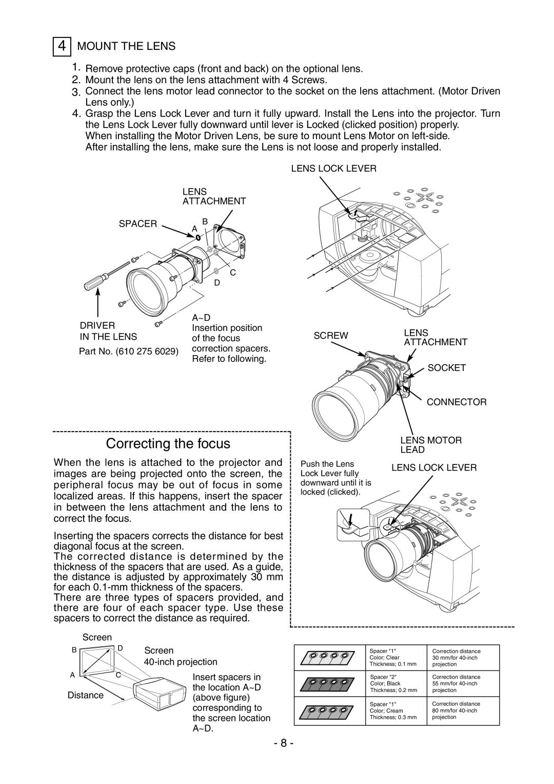 Fisher LNS-W31A, LNS-T31A, LNS-T32 manual Correcting the focus, Mount the Lens 