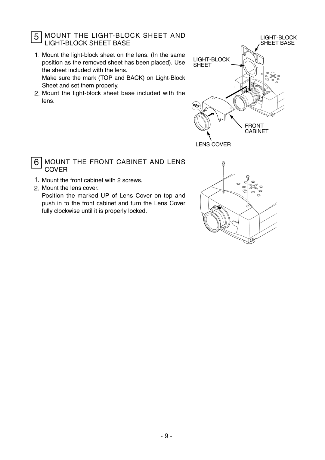 Fisher LNS-T31A, LNS-T32 Mount the LIGHT-BLOCK Sheet and LIGHT-BLOCK Sheet Base, Mount the Front Cabinet and Lens Cover 