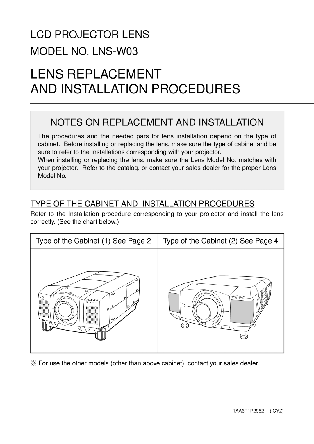 Fisher LNS-W03 manual Lens Replacement Installation Procedures, Type of the Cabinet 1 See Type of the Cabinet 2 See 