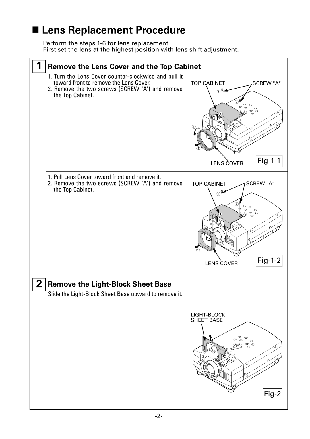 Fisher LNS-W10 manual Remove the Lens Cover and the Top Cabinet, Fig-1-1, Fig-1-2, Remove the Light-Block Sheet Base, Fig-2 