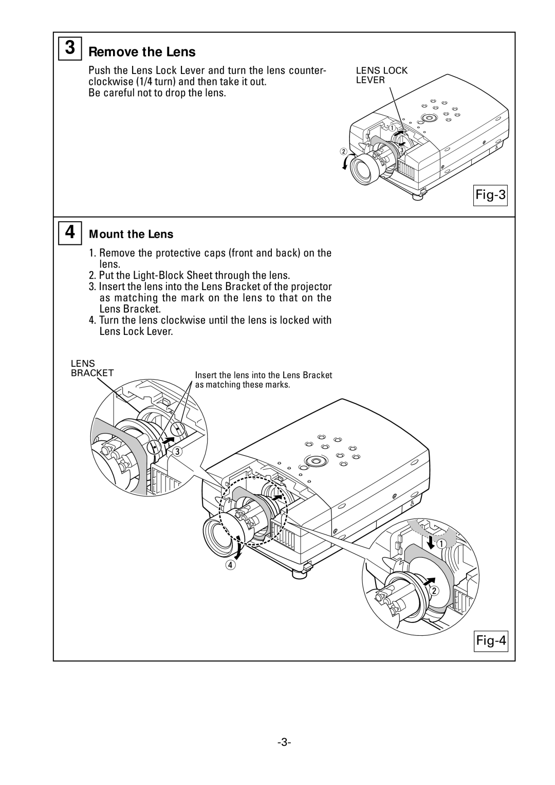 Fisher LNS-T10, LNS-W10 manual Remove the Lens, Fig-3, Fig-4, Mount the Lens 