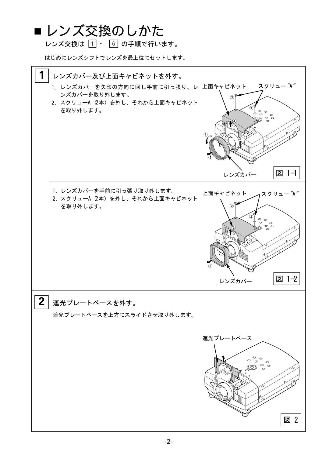 Fisher LNS-W10, LNS-T10 manual レンズ交換は の手順で行います。, レンズカバー及び上面キャビネットを外す。, 遮光プレートベースを外す。 