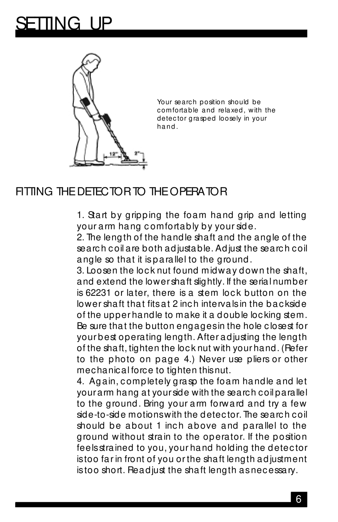 Fisher M-96 manual Setting UP, Fitting the Detector to the Operator 