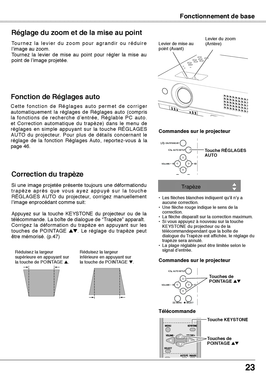 Fisher PLC-XW60 manual Réglage du zoom et de la mise au point, Fonction de Réglages auto, Correction du trapèze, Trapèze 