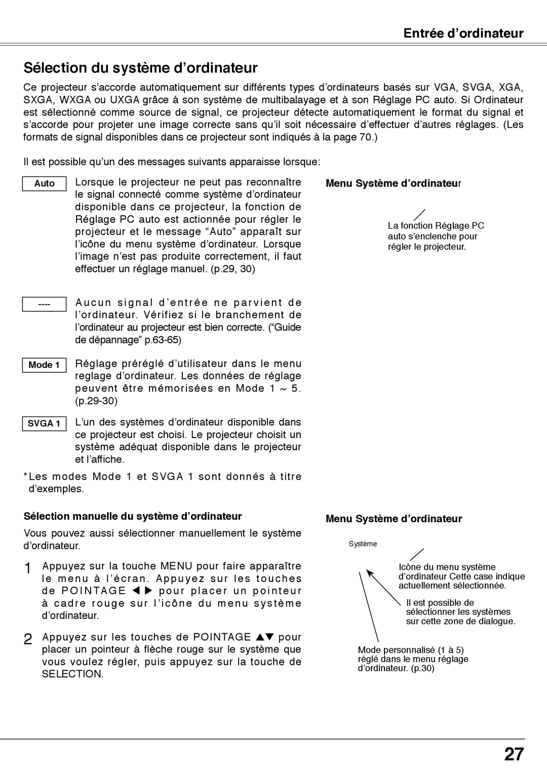 Fisher PLC-XW60 manual Sélection du système d’ordinateur, Entrée d’ordinateur, Sélection manuelle du système d’ordinateur 