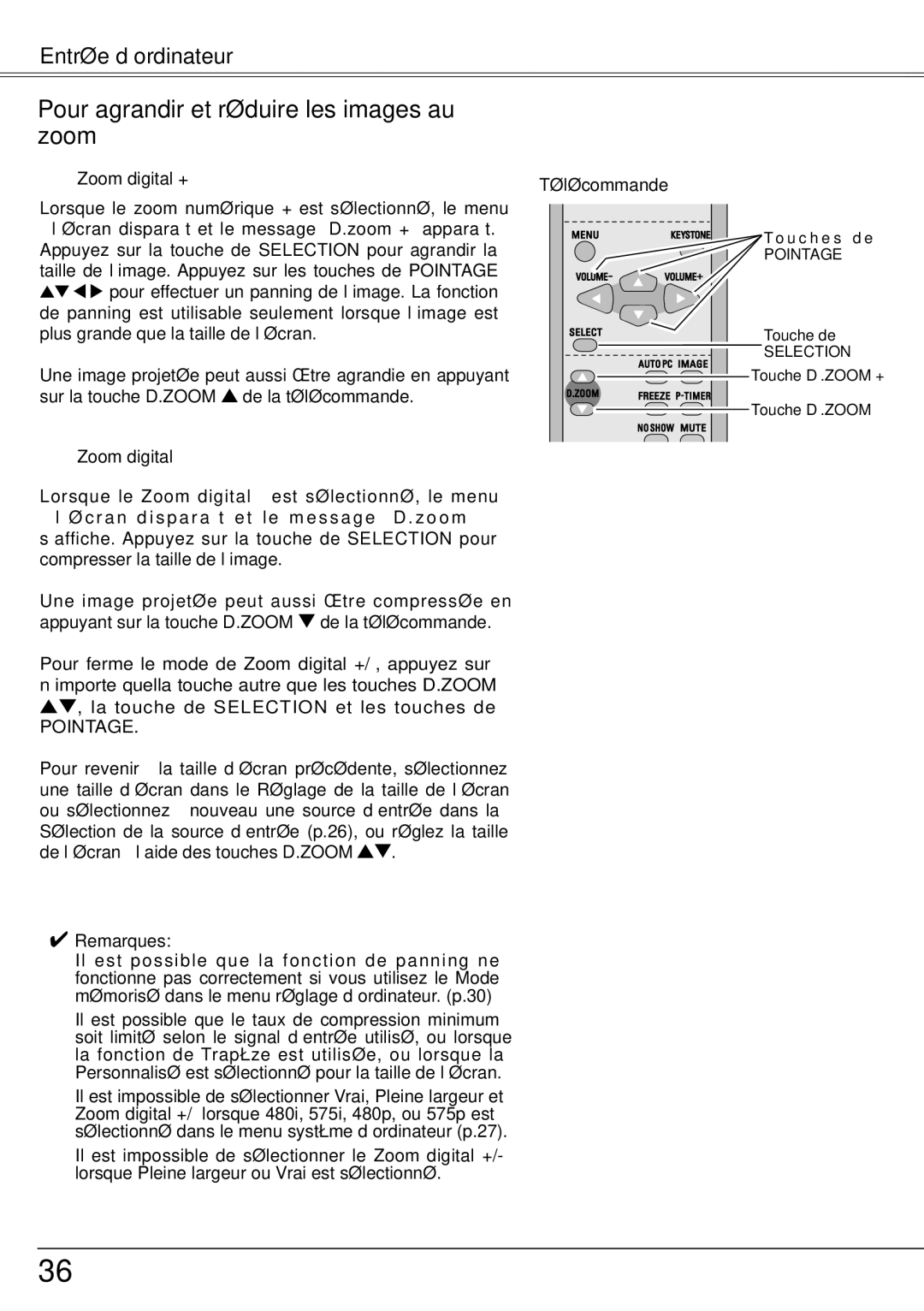 Fisher PLC-XW60 manual Pour agrandir et réduire les images au zoom, Zoom digital +, To u c h e s d e, Touche de 