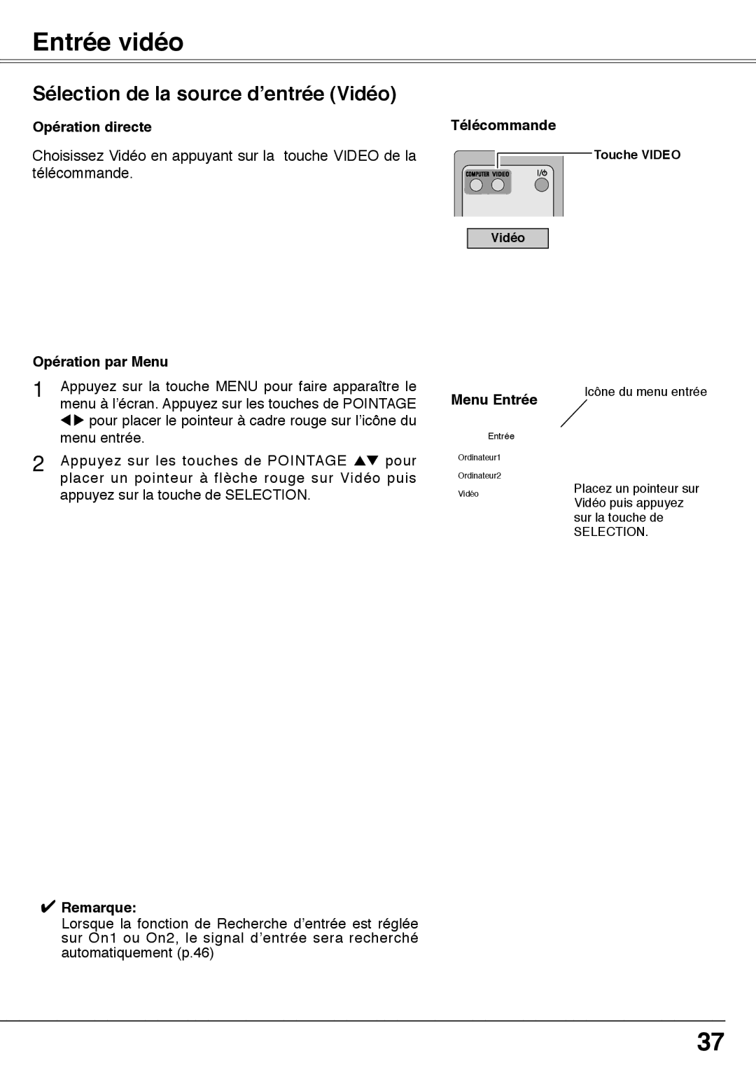 Fisher PLC-XW60 manual Entrée vidéo, Sélection de la source d’entrée Vidéo, Opération par Menu Télécommande 