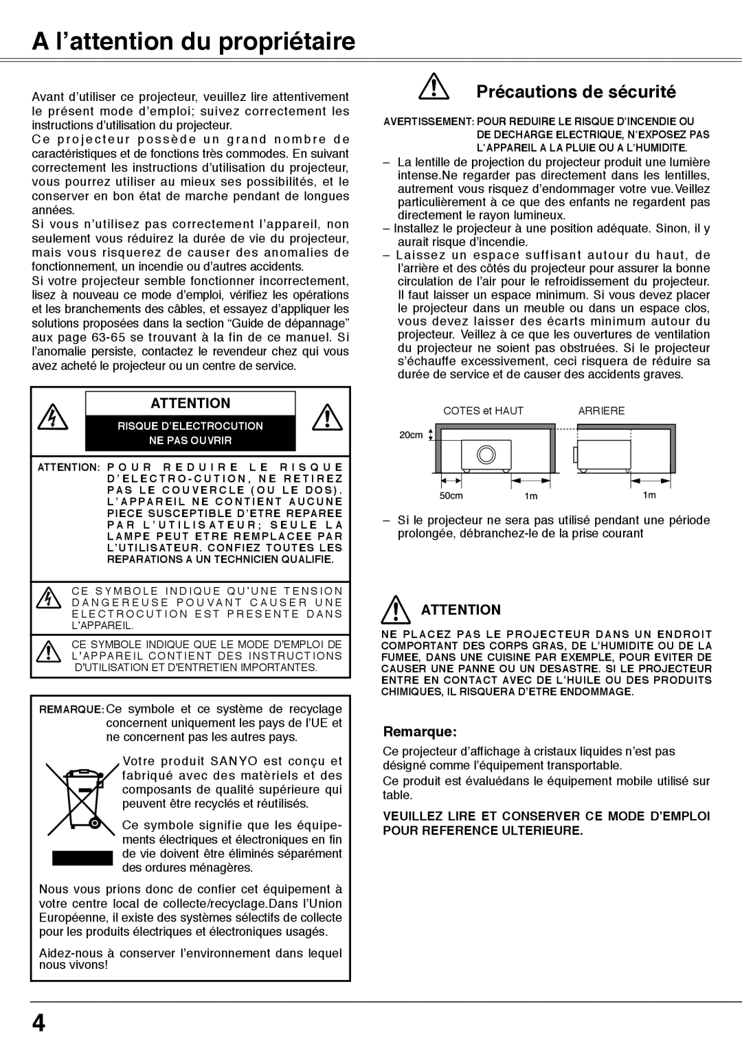 Fisher PLC-XW60 manual ’attention du propriétaire, Précautions de sécurité, Remarque 