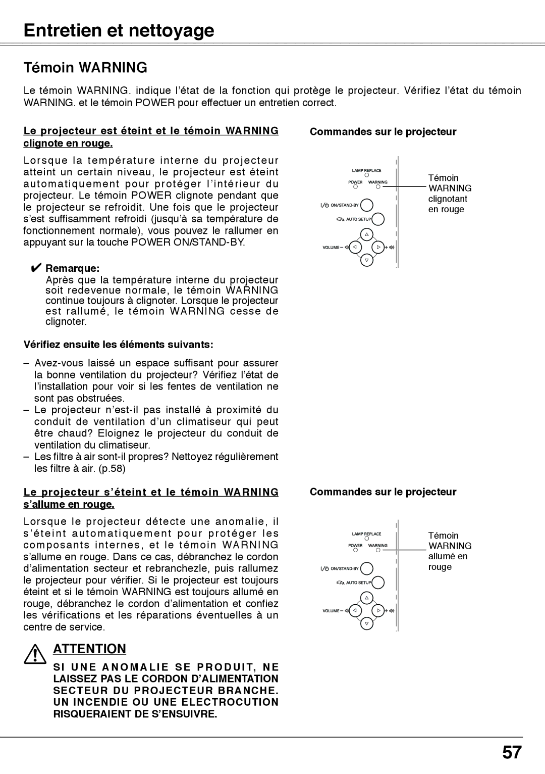 Fisher PLC-XW60 manual Entretien et nettoyage, Témoin Warning, Vérifiez ensuite les éléments suivants 