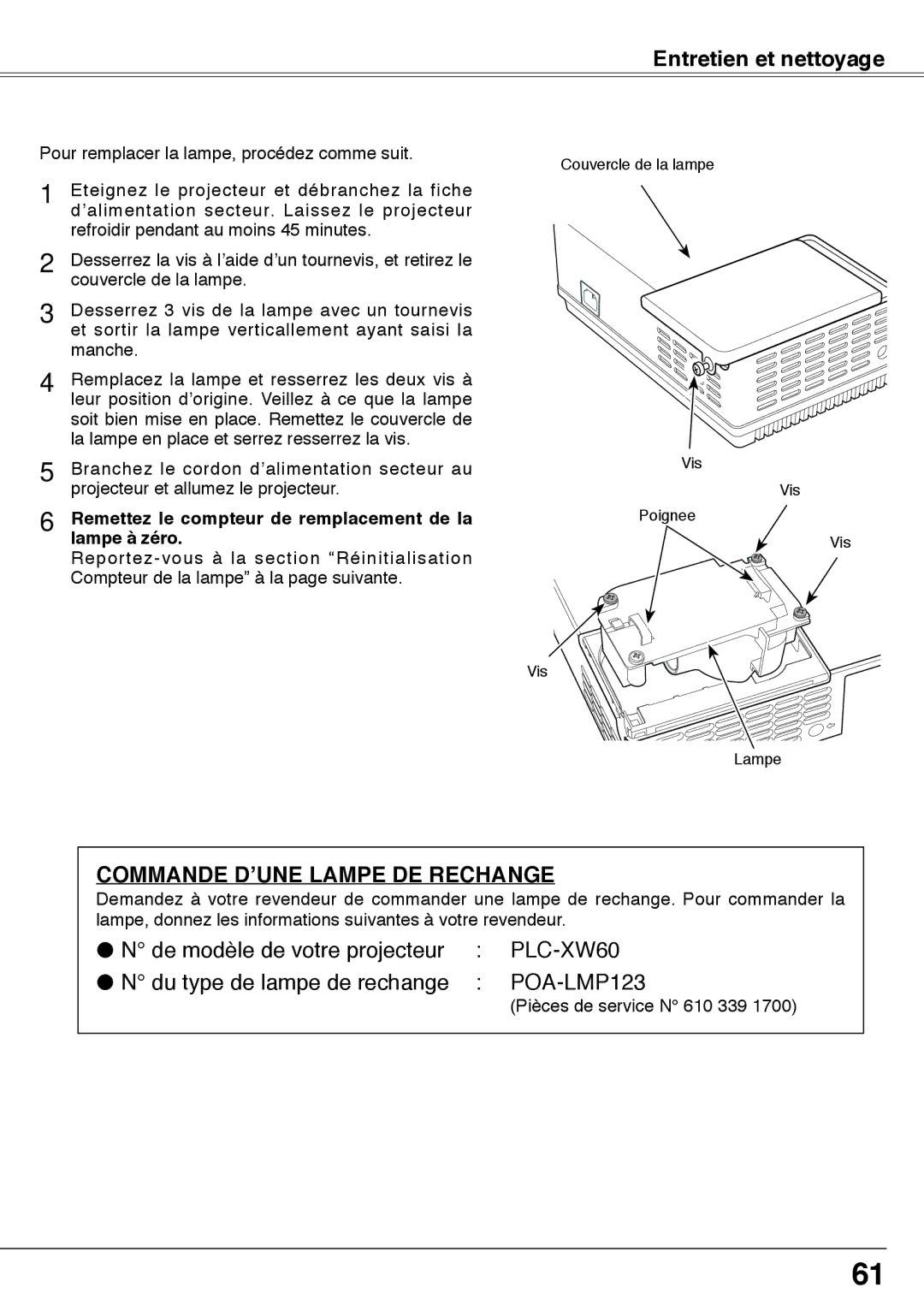 Fisher PLC-XW60 manual Commande D’UNE Lampe DE Rechange, Remettez le compteur de remplacement de la lampe à zéro 