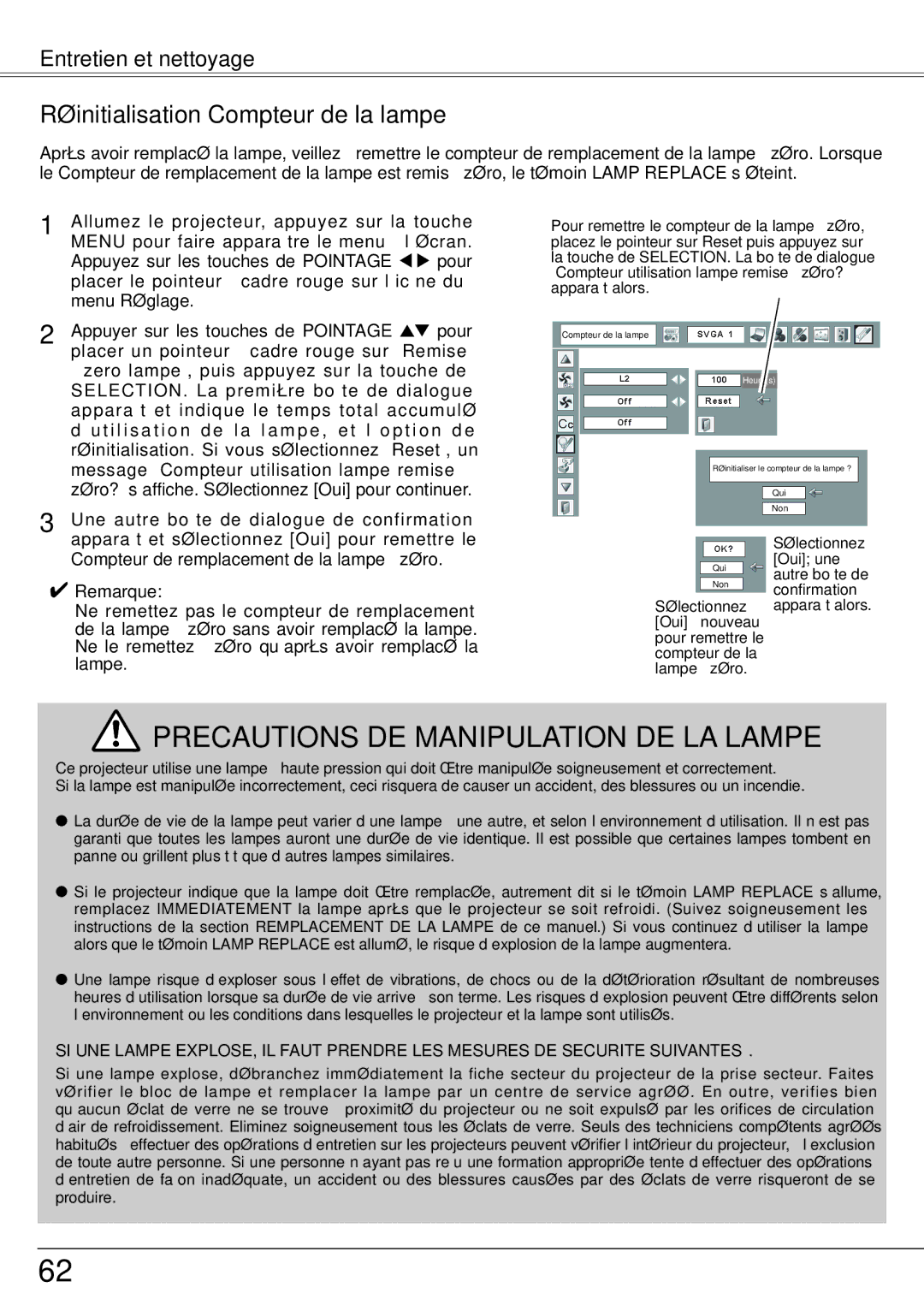 Fisher PLC-XW60 manual Réinitialisation Compteur de la lampe 