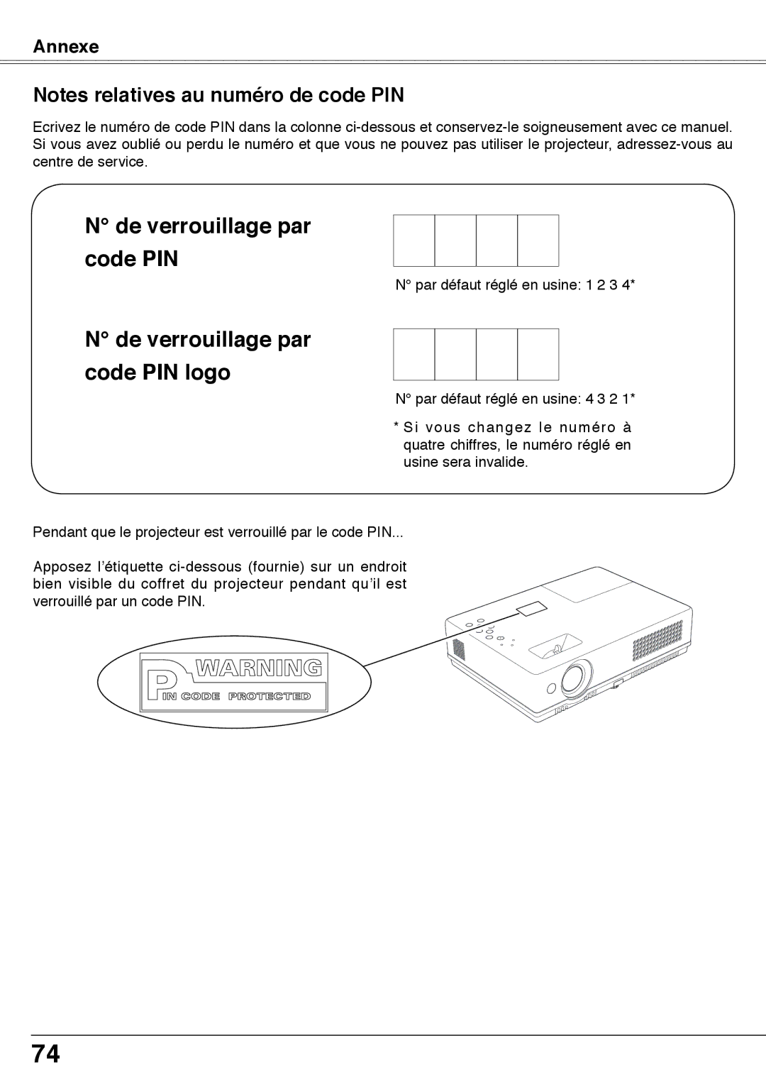 Fisher PLC-XW60 manual De verrouillage par code PIN logo, Par défaut réglé en usine 1 2 3 