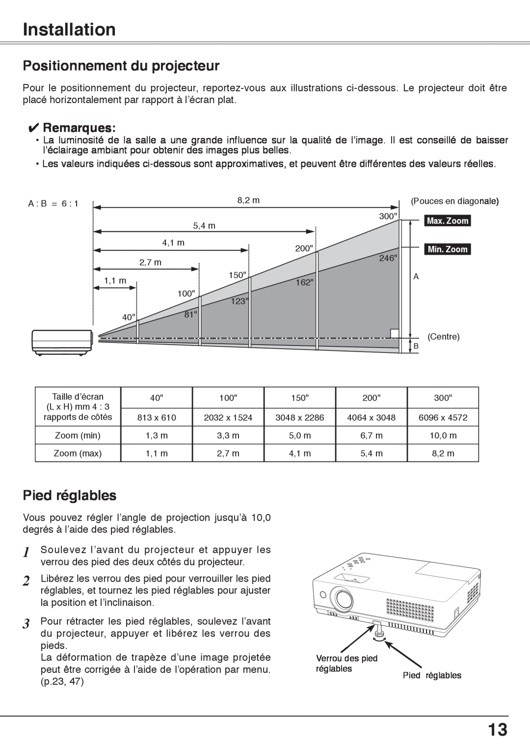 Fisher PLC-XW60 manual Installation, Positionnement du projecteur, Pied réglables, Remarques 