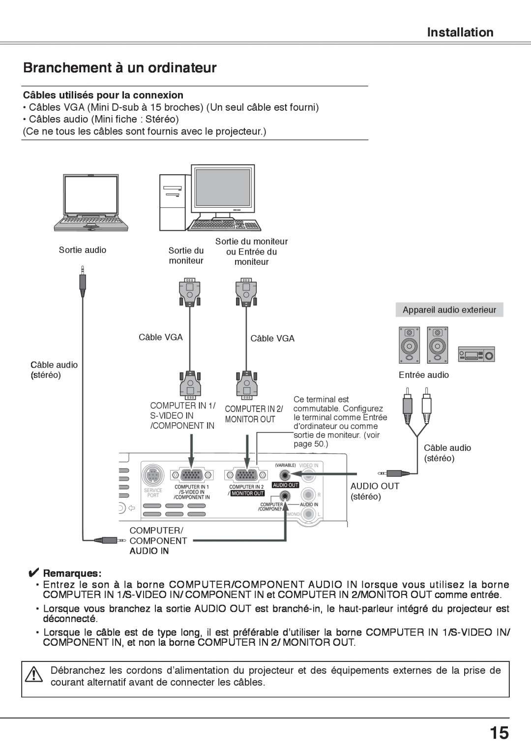 Fisher PLC-XW60 manual Branchement à un ordinateur, Câbles utilisés pour la connexion, Installation, Remarques 