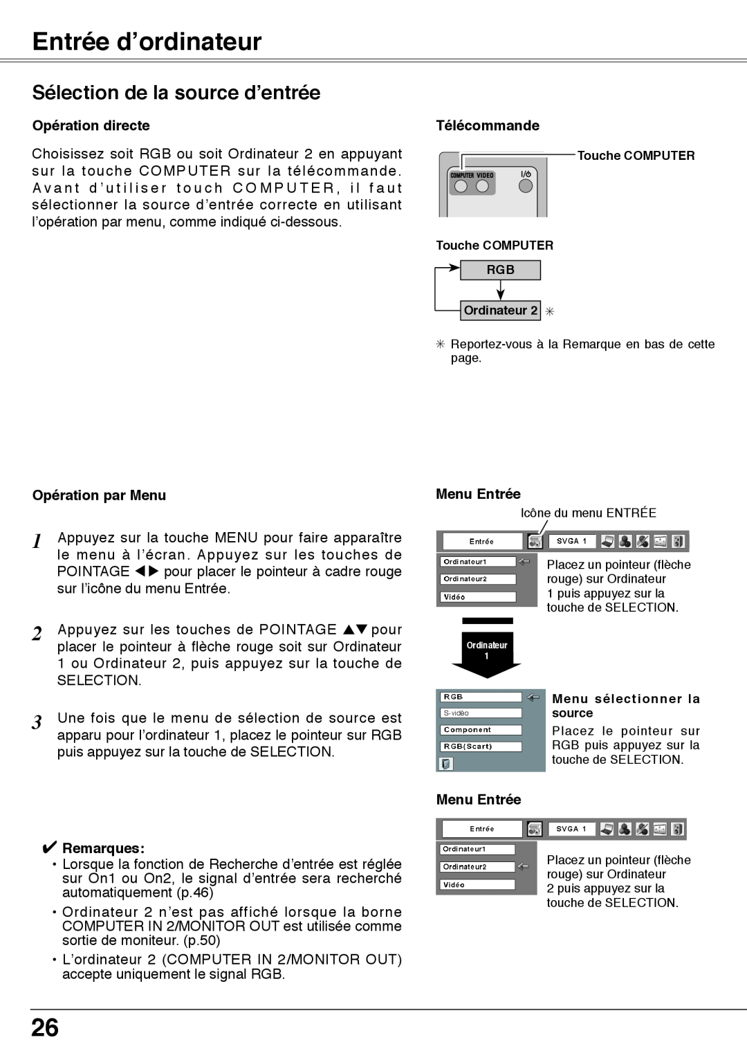 Fisher PLC-XW60 Entrée d’ordinateur, Sélection de la source d’entrée, Opération directe, Télécommande, Opération par Menu 