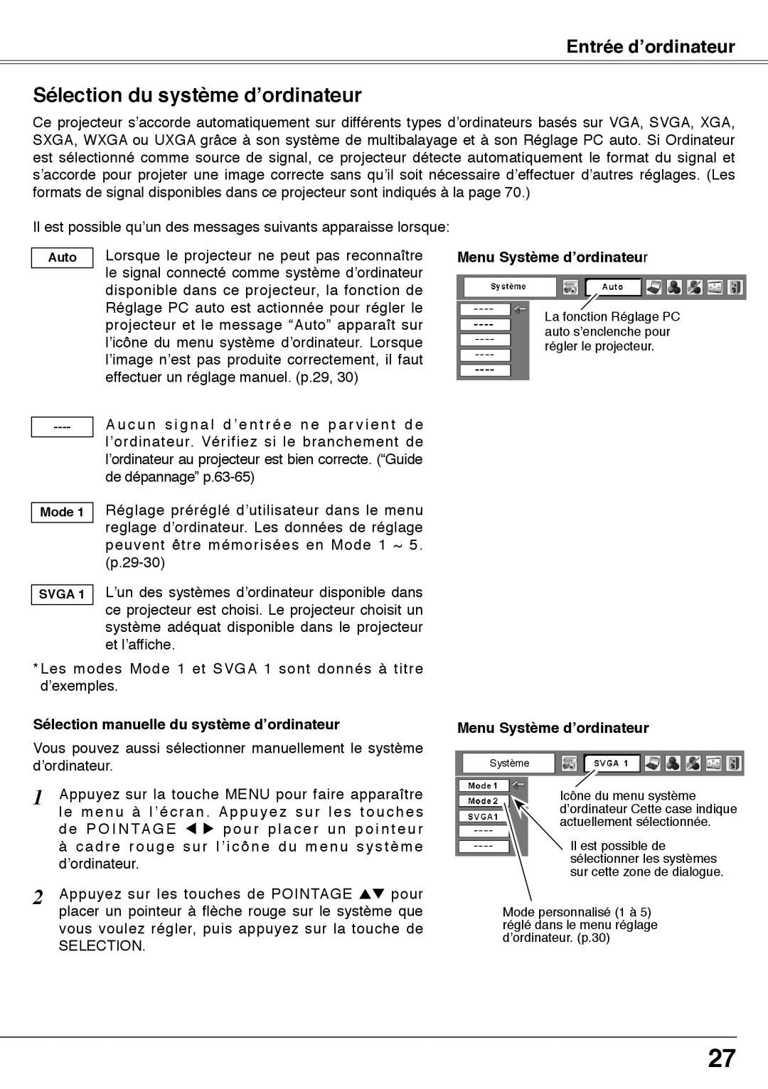 Fisher PLC-XW60 manual Sélection du système d’ordinateur, Entrée d’ordinateur, Sélection manuelle du système d’ordinateur 
