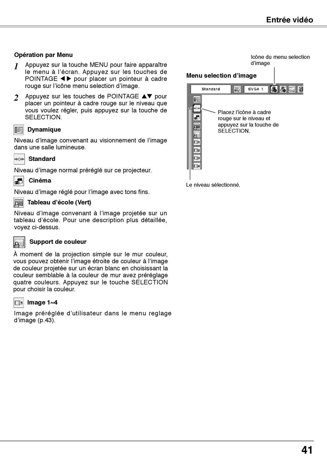 Fisher PLC-XW60 manual Image 1~4, Menu selection d’image, Entrée vidéo, Opération par Menu, Dynamique, Standard, Cinéma 