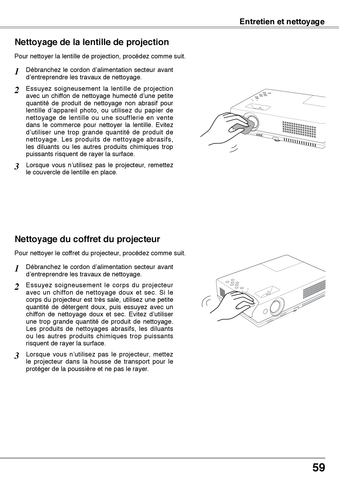 Fisher PLC-XW60 manual Nettoyage de la lentille de projection, Nettoyage du coffret du projecteur, Entretien et nettoyage 