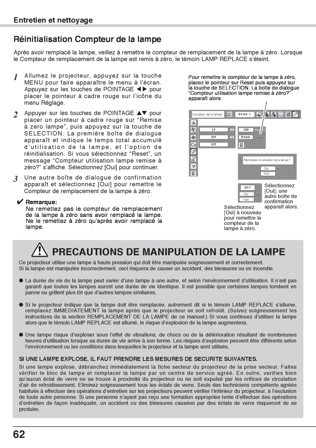 Fisher PLC-XW60 Precautions De Manipulation De La Lampe, Réinitialisation Compteur de la lampe, Entretien et nettoyage 