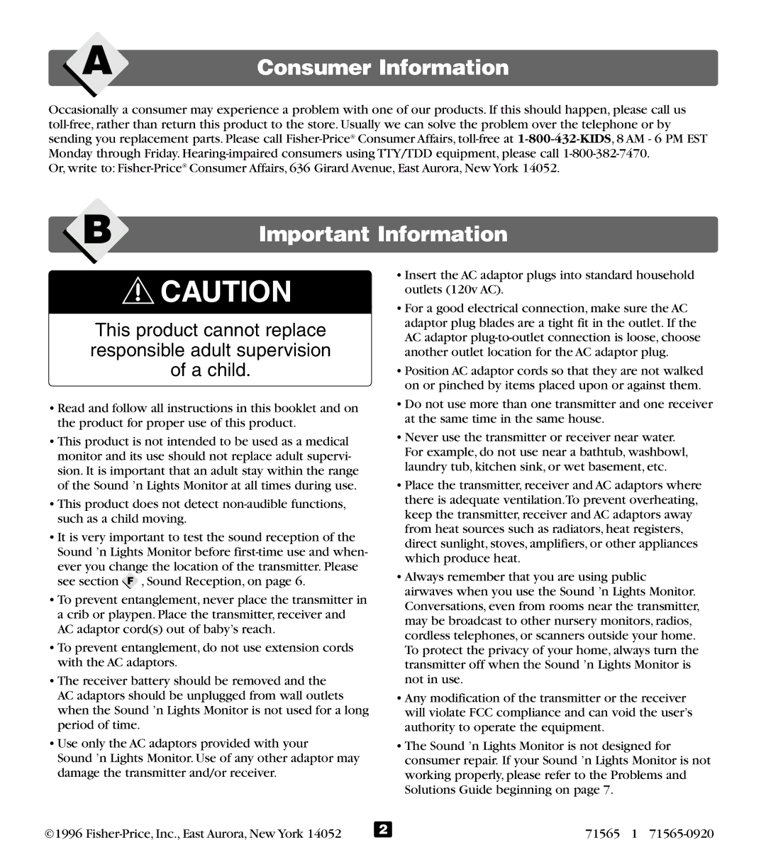 Fisher-Price 71565 manual Consumer Information, Important Information 