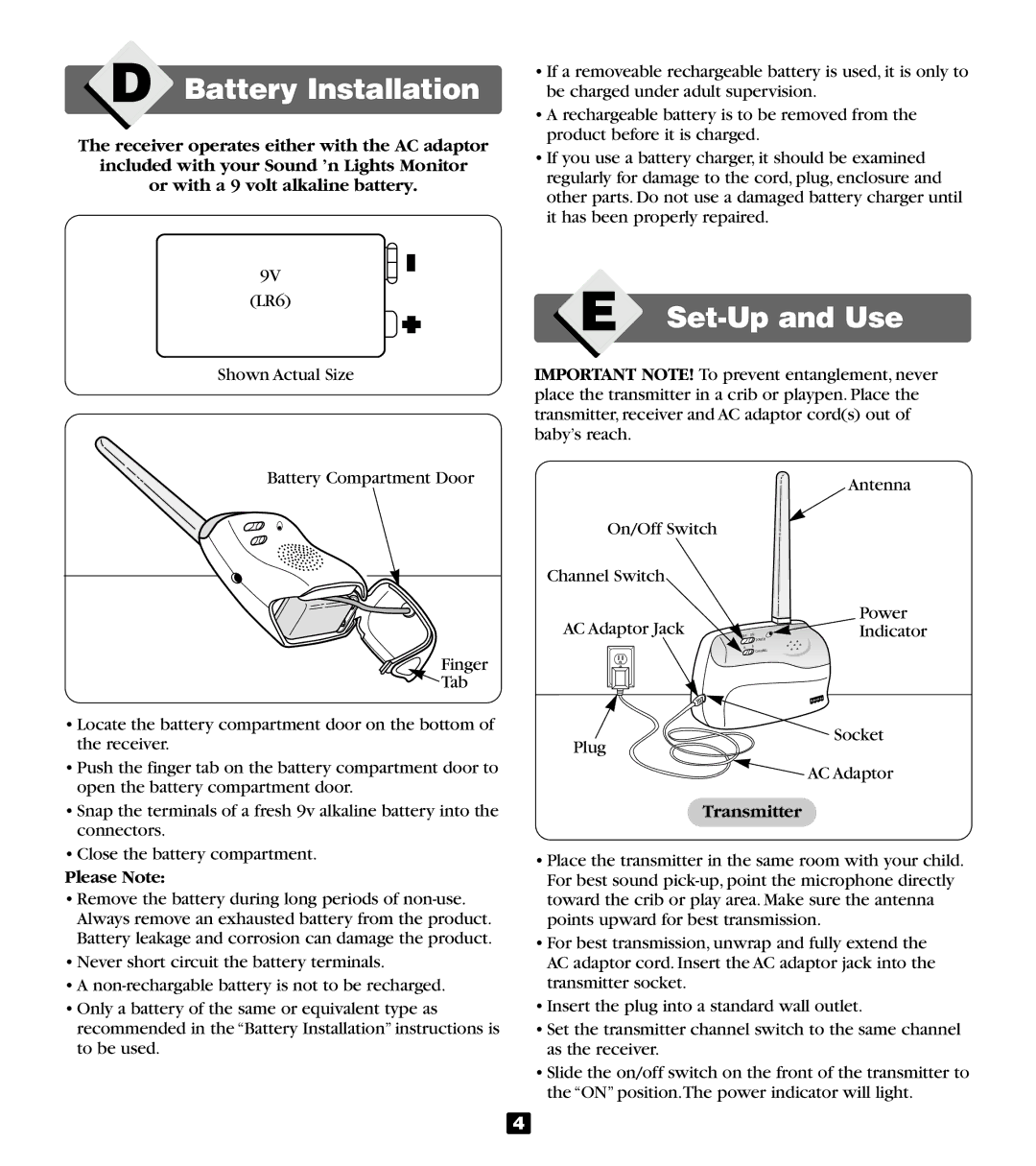 Fisher-Price 71565 manual Battery Installation, Set-Up and Use, Please Note, Transmitter 