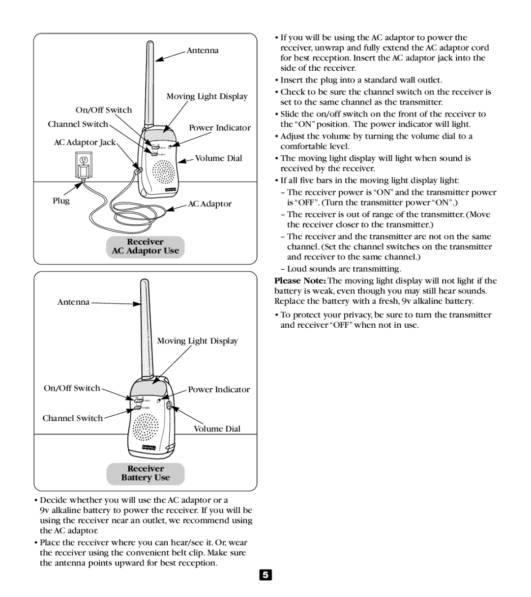 Fisher-Price 71565 manual Receiver AC Adaptor Use, Receiver Battery Use 