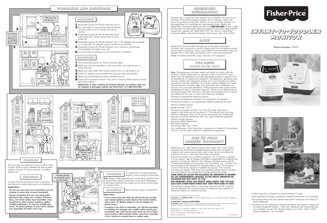 Fisher-Price 71577 warranty Problems and Solutions Consumer Information, Care, FCC Note, ONE 1 Year Limited Warranty 