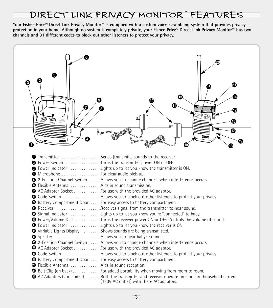 Fisher-Price 71592 manual Direct Link Privacy Monitor Features, Aids in sound transmission 