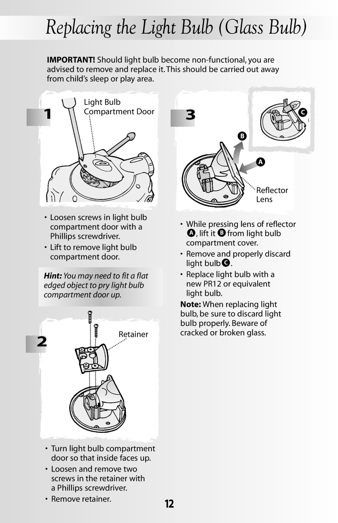 Fisher-Price 71597 instruction sheet Replacing the Light Bulb Glass Bulb 