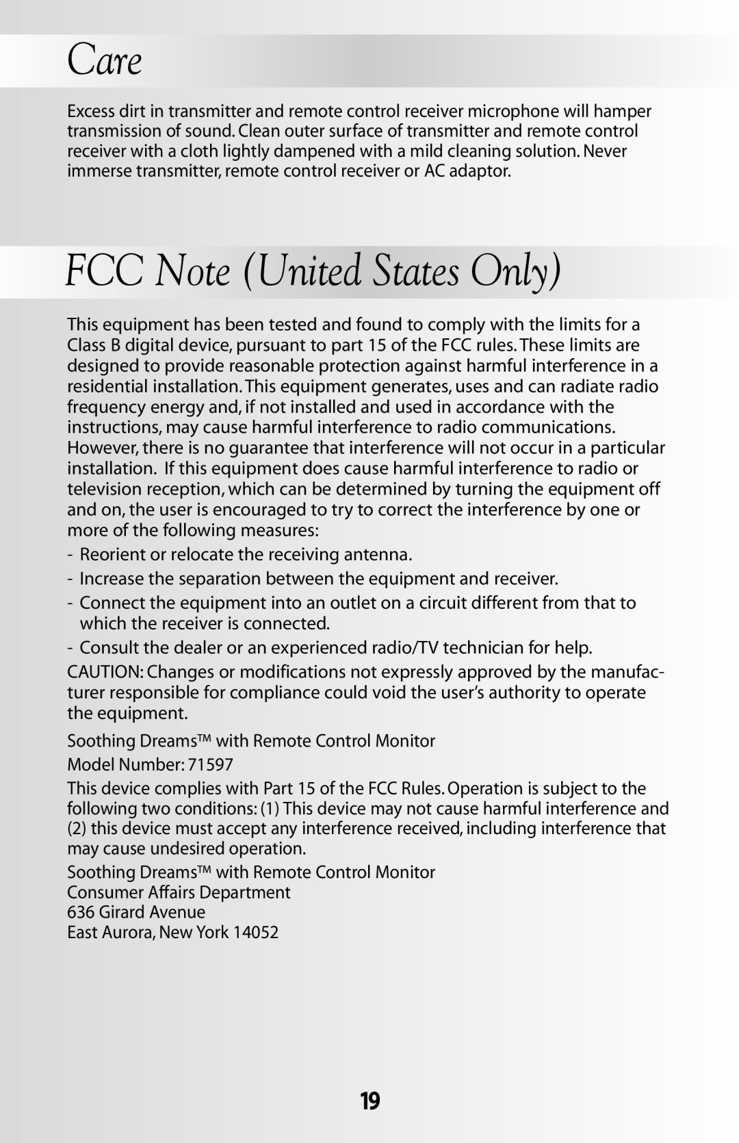 Fisher-Price 71597 instruction sheet Care, FCC Note United States Only 