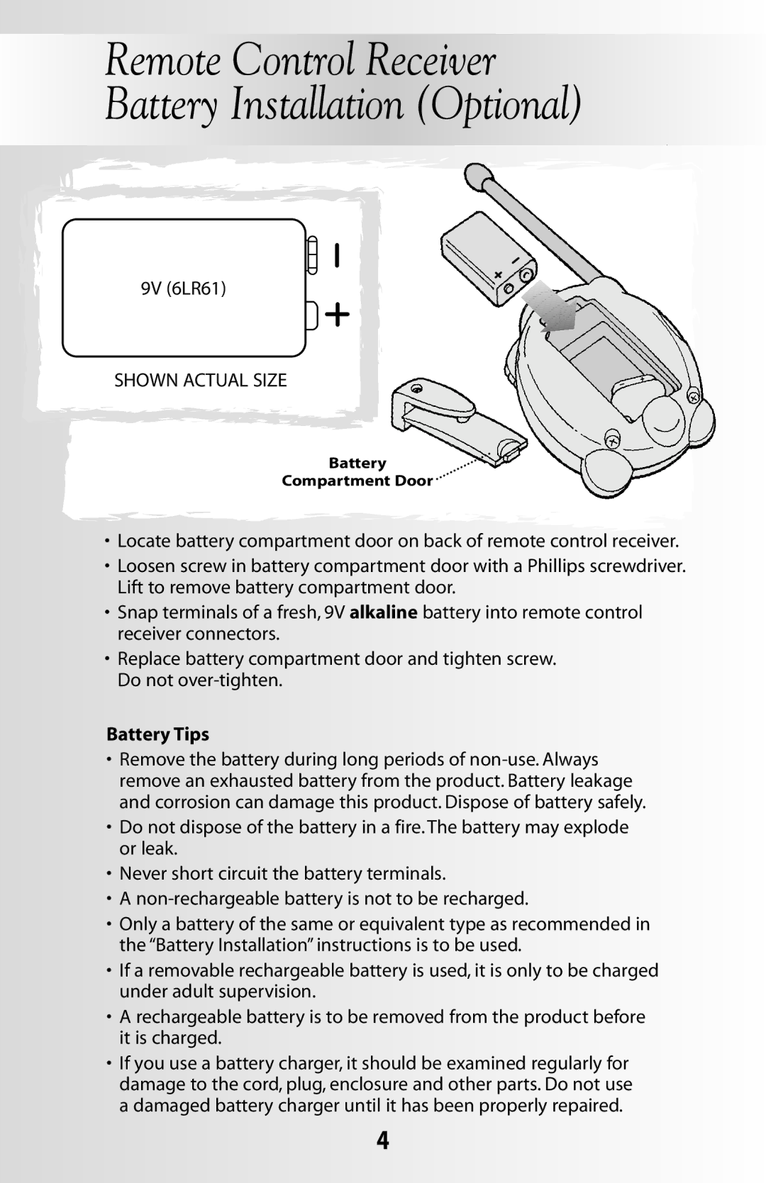 Fisher-Price 71597 instruction sheet Remote Control Receiver Battery Installation Optional 