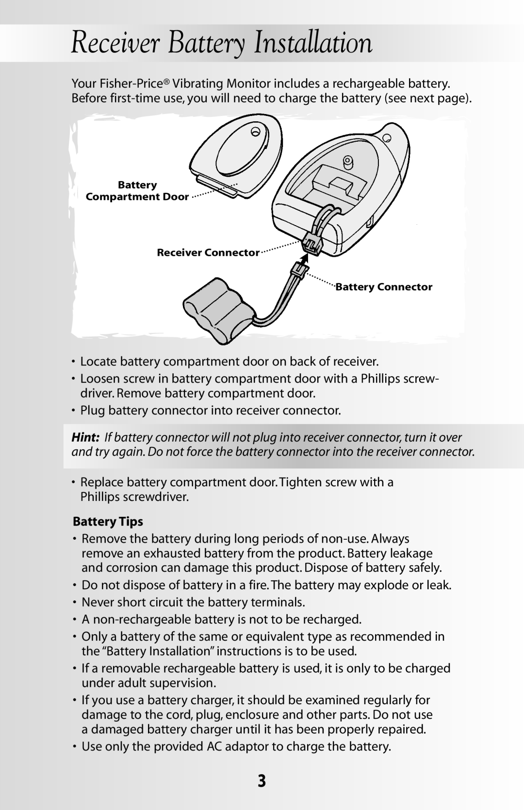 Fisher-Price 71599 instruction sheet Receiver Battery Installation, Battery Tips 