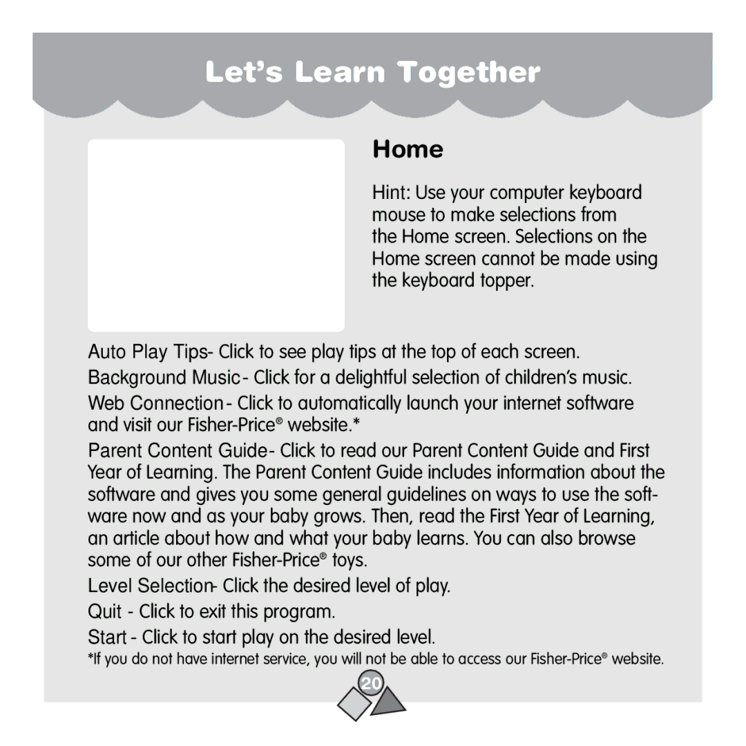 Fisher-Price 71657 manual Let’s Learn Together, Home 