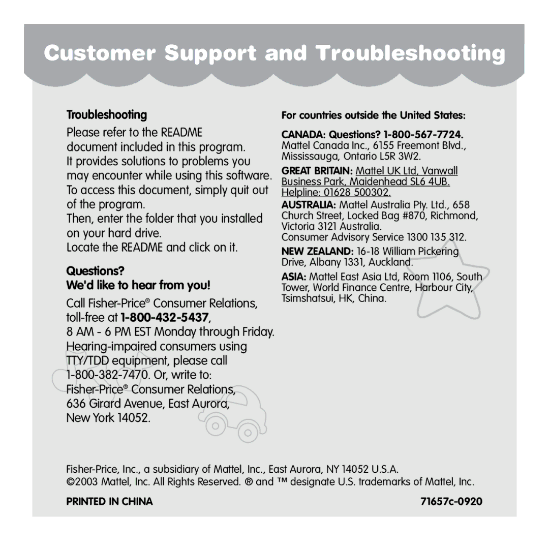 Fisher-Price 71657 manual Customer Support and Troubleshooting 