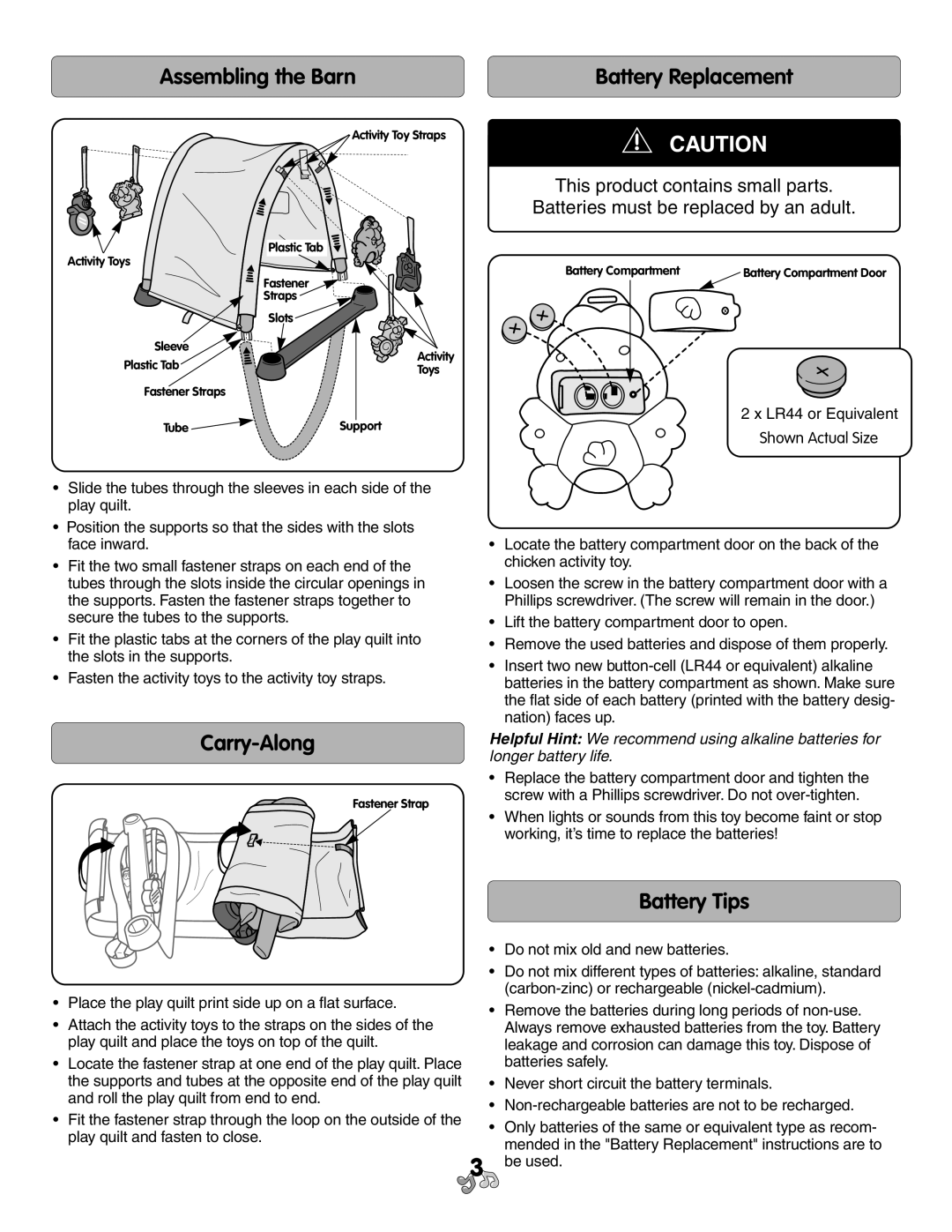 Fisher-Price 71699 manual Assembling the Barn, Battery Replacement, Carry-Along, Battery Tips 