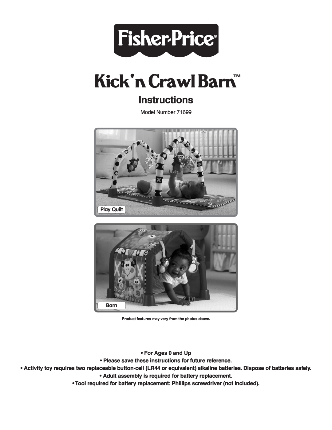 Fisher-Price 71699 manual Play Quilt Barn, Kick‘n Crawl Barn, Instructions 