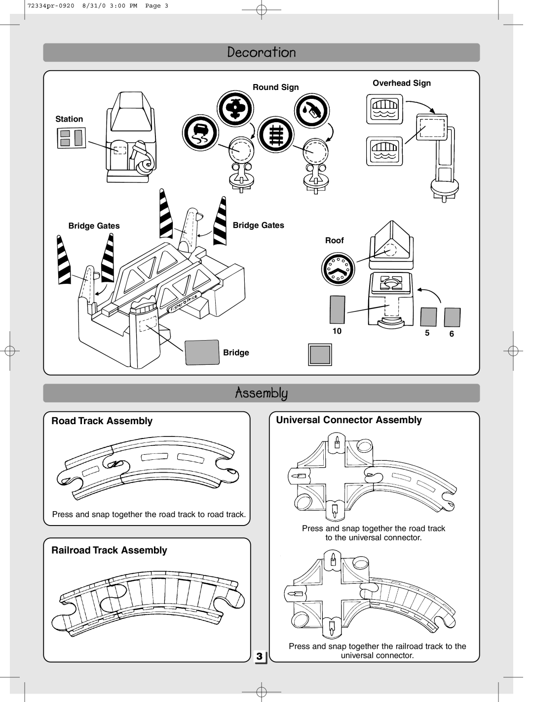 Fisher-Price 72334 manual Road Track Assembly, Universal Connector Assembly, Railroad Track Assembly 